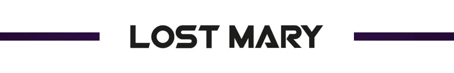 Zeigt das LOST MARY Logo in schwarz. Rechts und links sind offene Linien vor weißem Hintergrund
