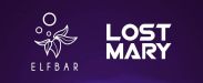 Links ist das ELFBAR Logo in weiß. Rechts ist das LOST MARY Logo in weiß. Beides vor dunkelblauem Hintergrund  