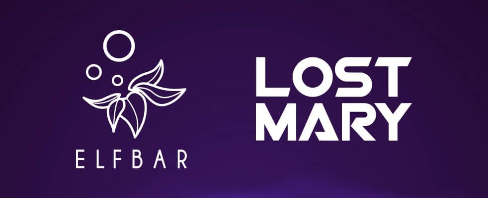 Links ist das ELFBAR Logo in weiß. Rechts ist das LOST MARY Logo in weiß. Beides vor dunkelblauem Hintergrund  