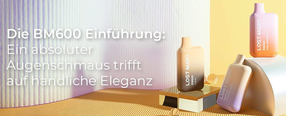 Ein Raum mit zwei erhöhten Flächen, auf denen jeweils ein Lost Mary Tappo Vape steht, und eine auf dem Boden. Der Boden hat ein Zackenmuster und auf der linken Seite befindet sich eine gekrümmte Wand.  Der Text lautet: Die BM600 Einführung: Ein absoluter 